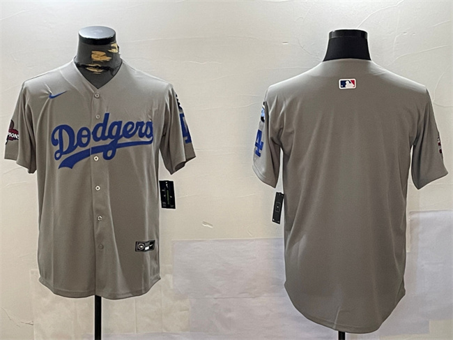 Men's Grey Los Angeles Dodgers Blank 2024 World Series Champions With Fernando Memorial Patch Limited Stitched Baseball Jersey